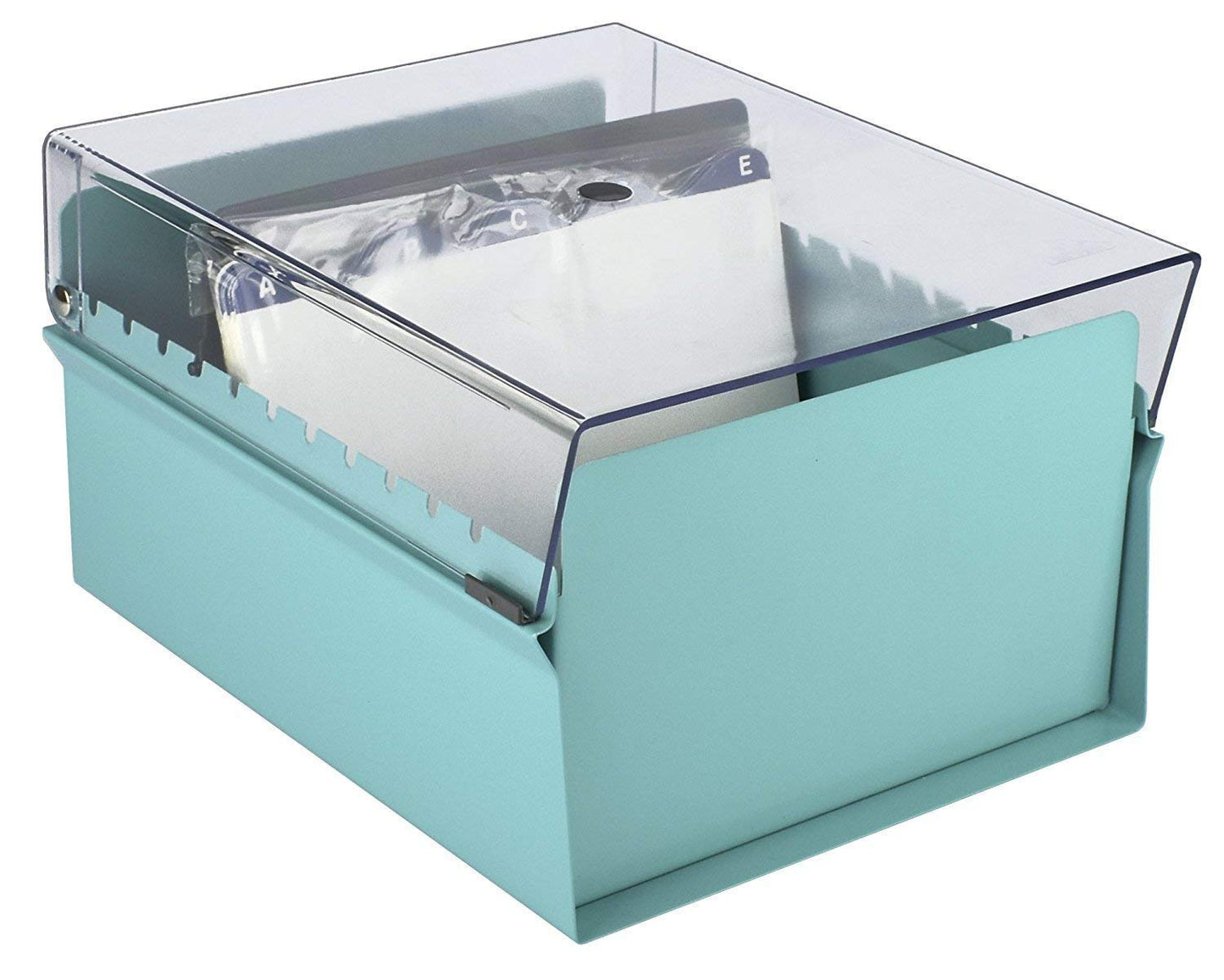 Acrimet 5 X 8 Card File Holder Organizer Box Metal Base Heavy Duty (AZ Index Cards and Divider Included) (Green Color with Clear Crystal Plastic Lid Cover)