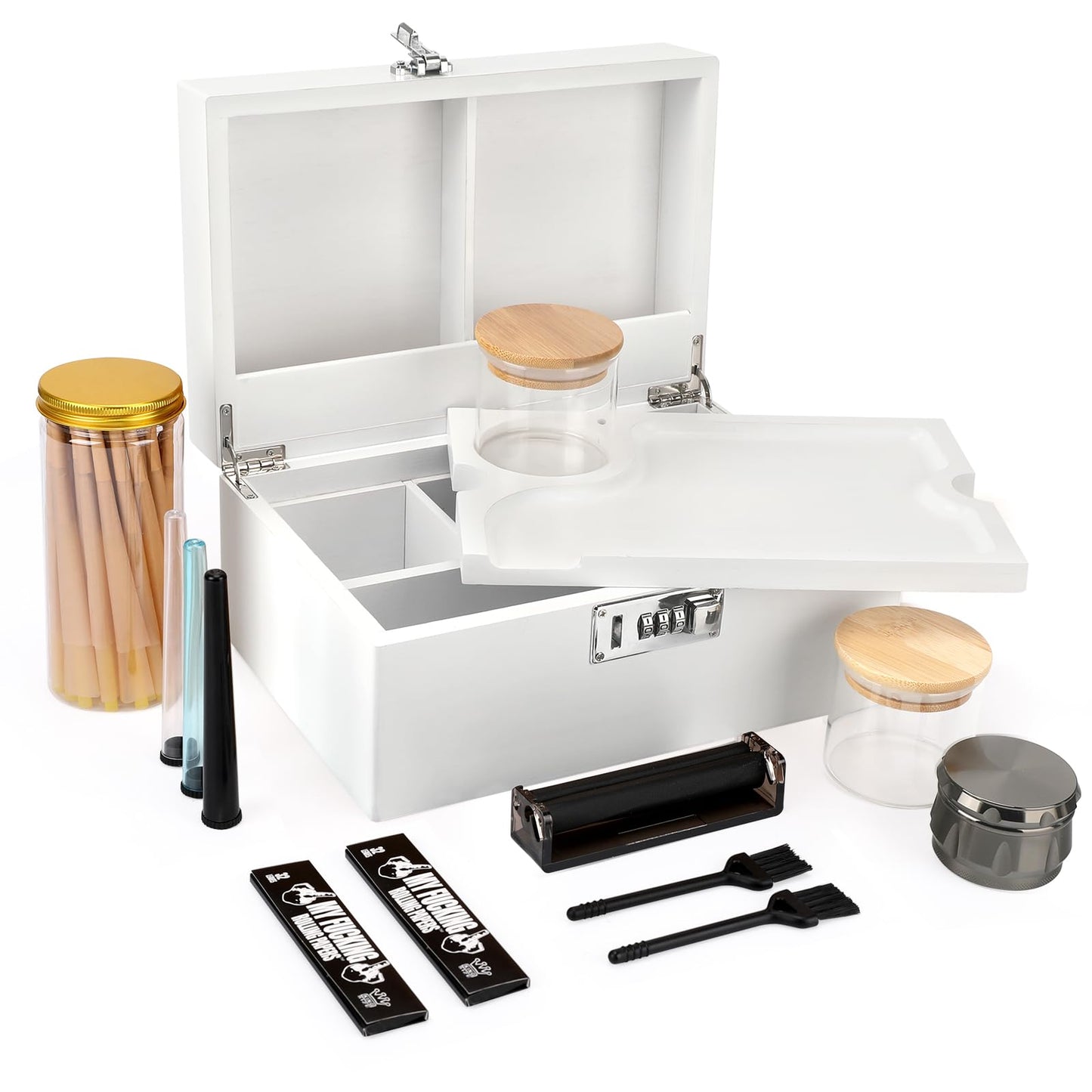 Coozyupper Large Bamboo Storage Box with Removable Tray Kit - Decorative Box Set, Glass Jars, and Accessories Wooden Storage Kit and Accessories Tool.Birthday Gifts