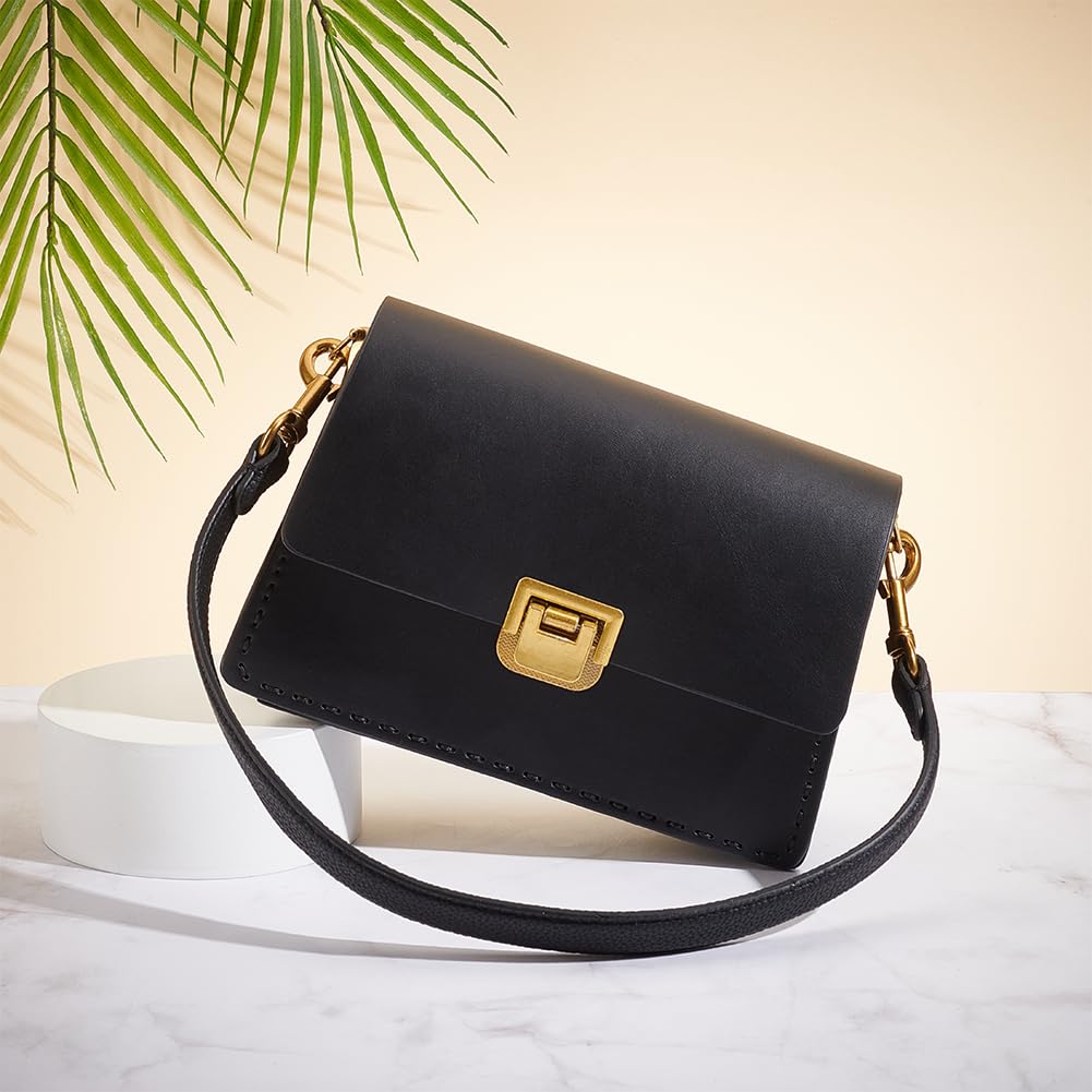 WADORN Genuine Leather Purse Handle, 20.4 Inch Leather Handbag Handle Replacement Short Shoulder Strap with Retro Gold Buckles Women Bag Making Accessory for Coach Shoulder Bag 26, Black