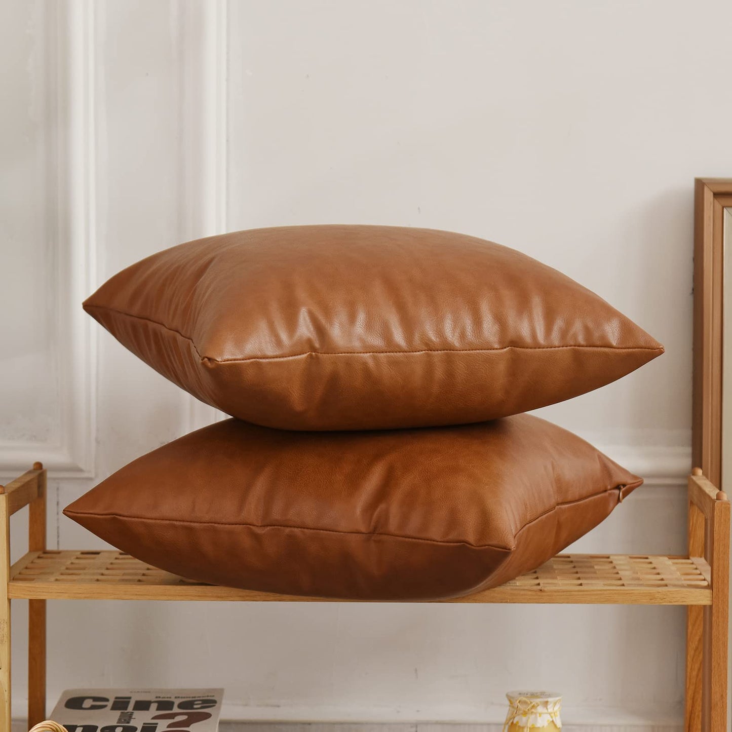 Tosewever Faux Leather Throw Pillow Covers, 18 x 18 inch Set of 2 Luxury Cognac Brown Modern Pillowcases Solid Decorative Square Cushion Cases for Bedroom Living Room Couch Bed Sofa (Brown, 18" x 18")