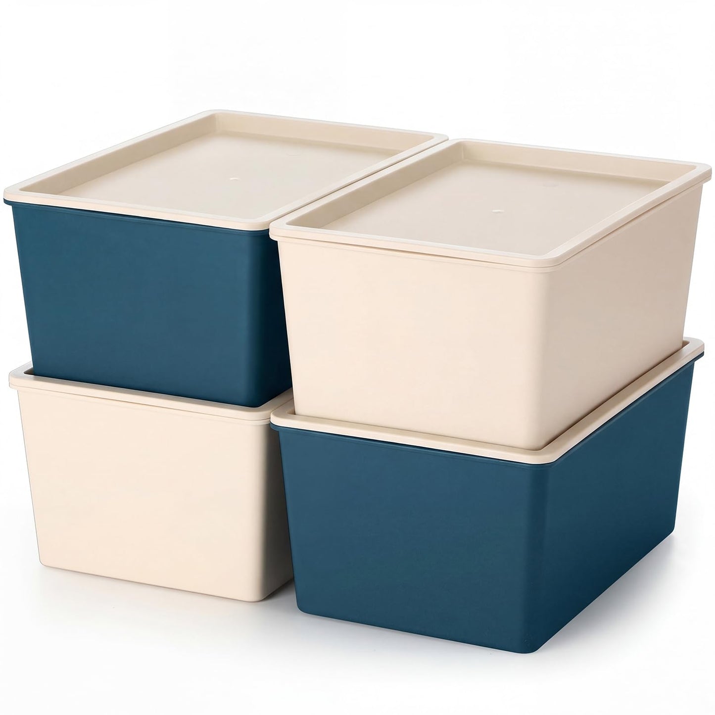 Menkxi 4 Pcs Storage Bins with Lids Plastic Stackable Containers for Organizing Shelves Christmas Ornament Box Baskets(Beige, Blue,Small)