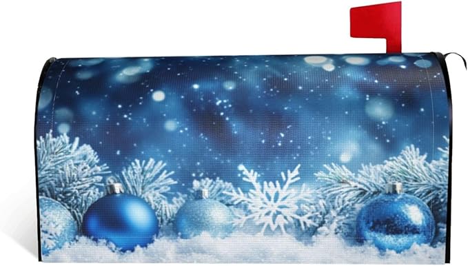 Festive Magnetic Mailbox Cover Blue Ball Snowflake Outdoor Mailbox Protector Holiday Seasonal Decorative Garden Yard Home Standard Size 21 x 18 Inch