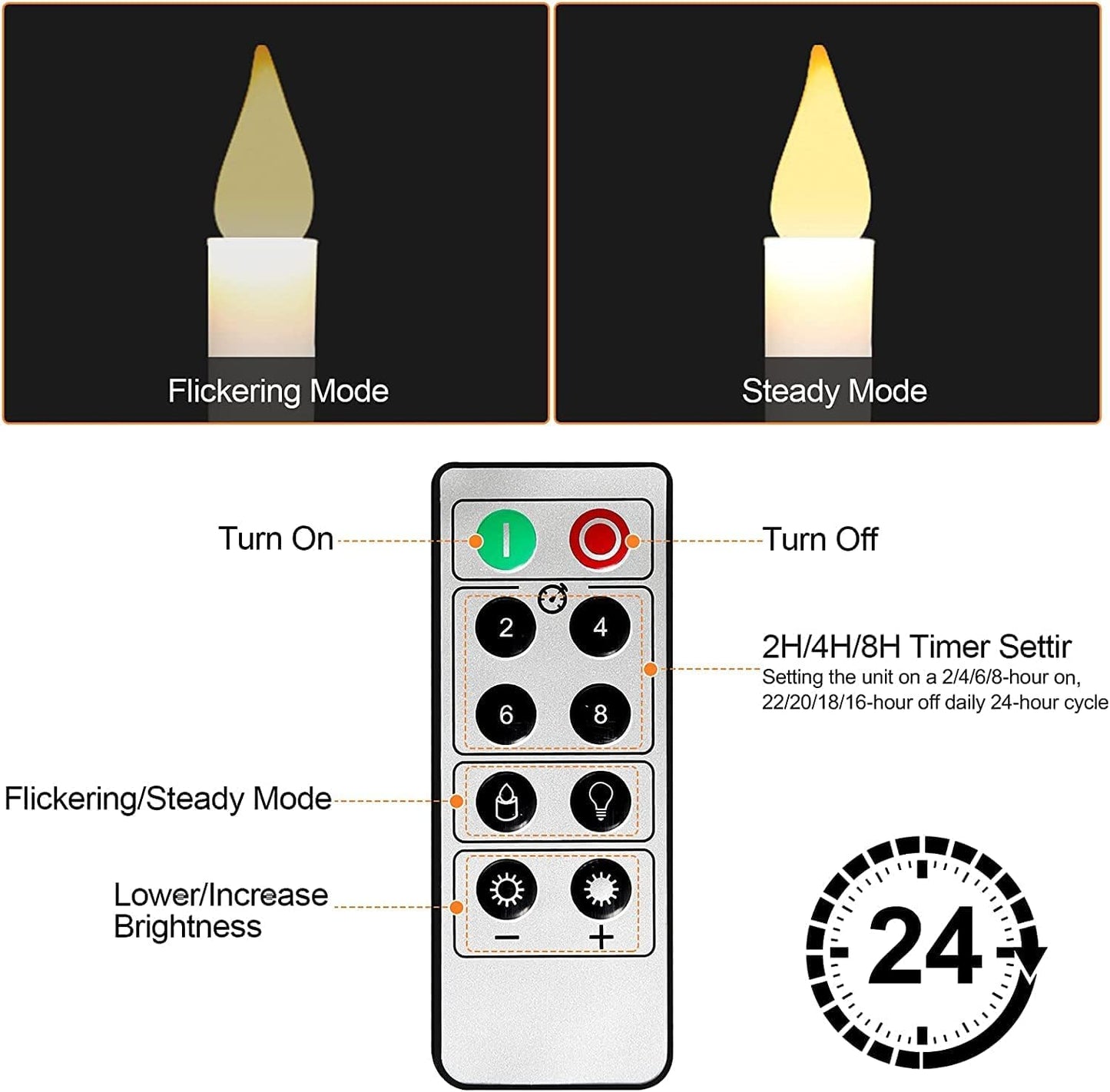 Kithouse Flameless Candles-Window Candles-LED Battery Operated Candles with 24 AAA Batteries,10-Key Remote and Daily Timer,Window Suction Cups,Gold Removable Holders,Christmas Bow