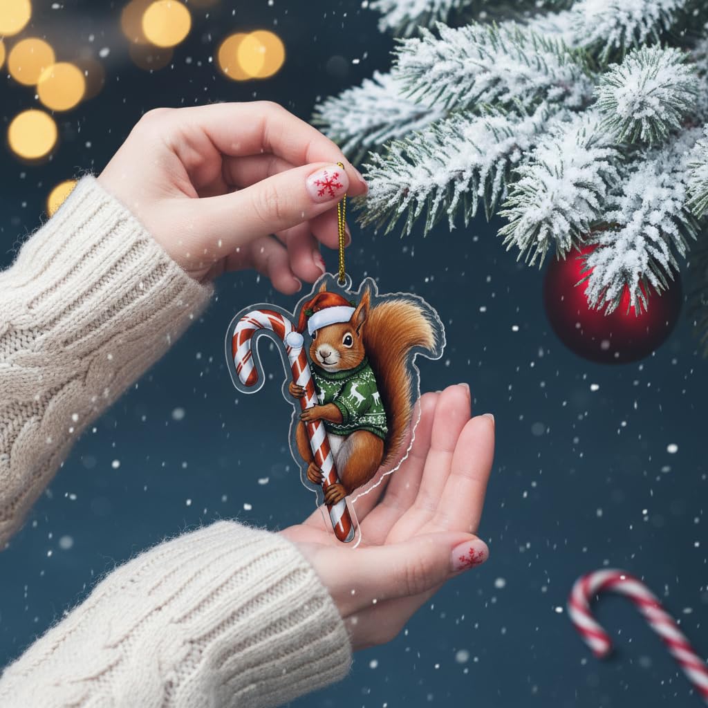 Cute Red Squirrel Hugging Candy Cane 2D Flat Acrylic Ornament - Christmas Tree Decoration, Squirrel Gifts 2025