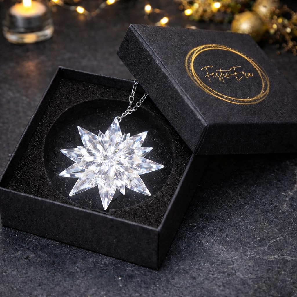 FestivEra Crystal Christmas Ornaments – Multi-Shade Star Ornament with Chain and Ribbons, Swarovski-Style Crystal Ornaments for Valentine's Day, Home Décor, Gift Box