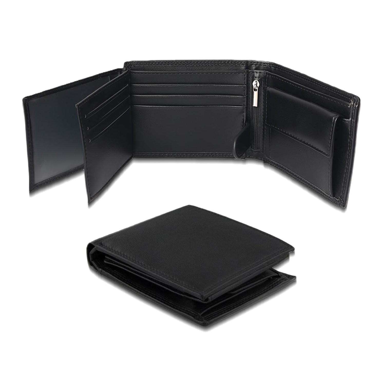 KAIDUCHKDC Mens Trifold Wallet with 3 ID Window & 15+ Card Slots, PU Leather Bifold Wallet for Men, Multi-Card Holder with Double Stitched for Business Travel, Black