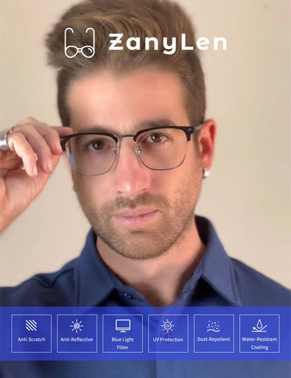 ZanyLen Blue Blocker Glasses for Men Metal Browline Computer Gaming Glasses With Blue Ray Filter (Gunmetal/Black TR90 Eyeglasses)