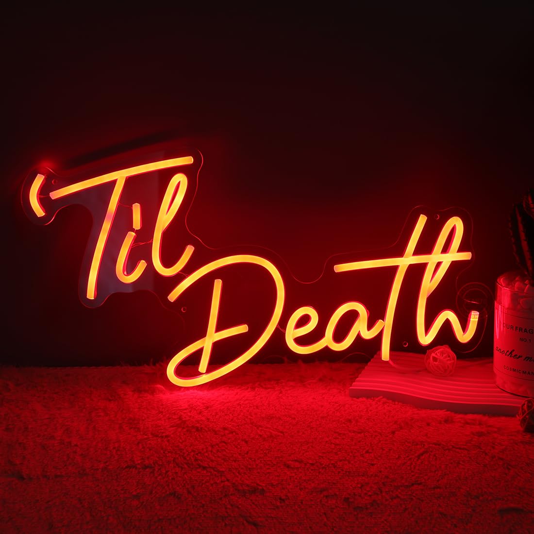 Planzo Til Death Neon Light Sign for Halloween Gothic Wedding Party Engagement Bridal Shower Banner Bedroom Wall Decor Light 5V USB Powered with Dimmer Switch 17IN Red
