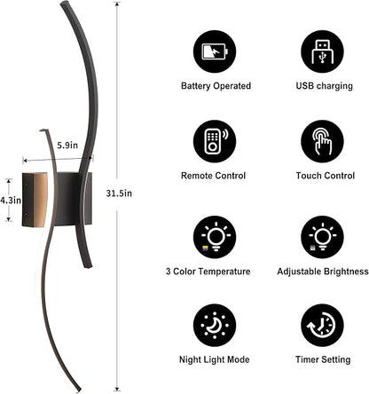 Battery Operated Wall Sconces Set of Two with Remote Control, Stepless Colors 3000K-6000K & Dimming, LED Black Wireless Wall Light for Living Room, Hallway, Bedroom, 31.5 Inch (2 Pack)