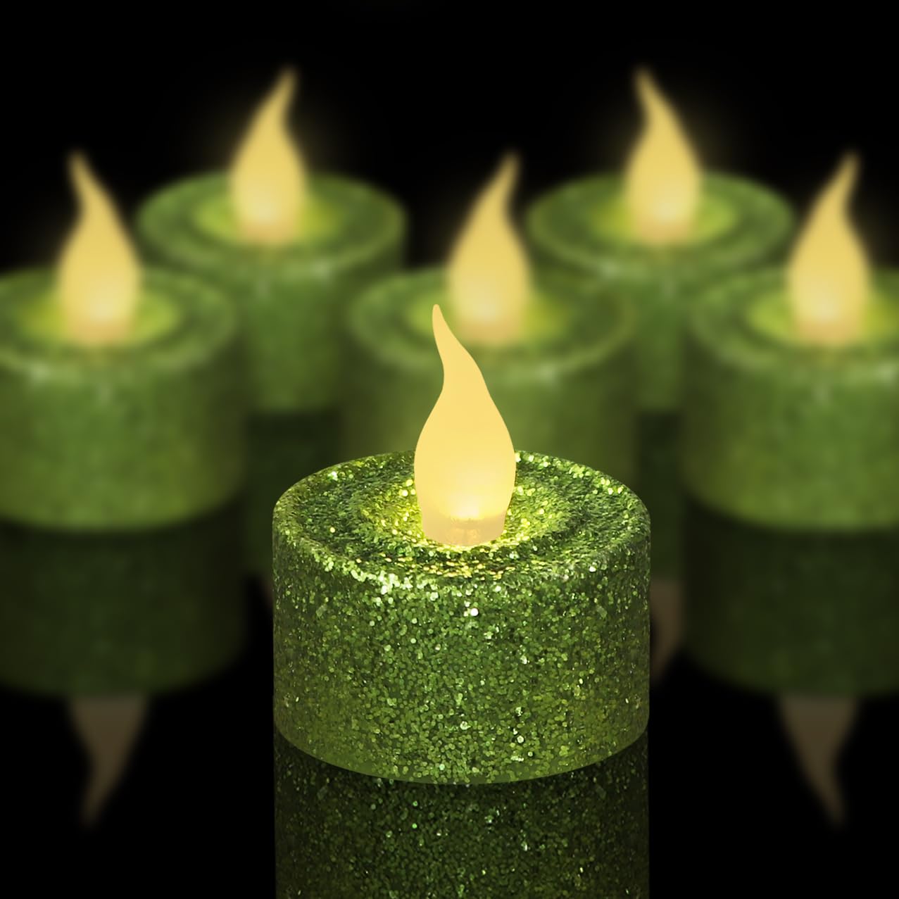 FURORA LIGHTING Green Glitter Flameless Tealights - 1.45" W x 1.57" H, 12-Pack, Batteries Included