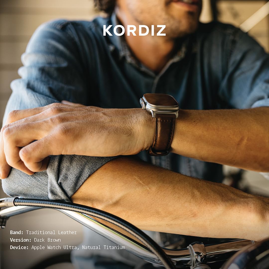 KORDIZ Traditional Leather Band for Apple Watch ULTRA 3 & ULTRA 2/1 [49mm] – Full-Grain Genuine Leather Replacement Strap for Men & Women – Classic Wristband Compatible with iWatch Ultra (Silver Titanium | Dark Brown)