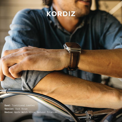 KORDIZ Traditional Leather Band for Apple Watch ULTRA 3 & ULTRA 2/1 [49mm] – Full-Grain Genuine Leather Replacement Strap for Men & Women – Classic Wristband Compatible with iWatch Ultra (Silver Titanium | Dark Brown)