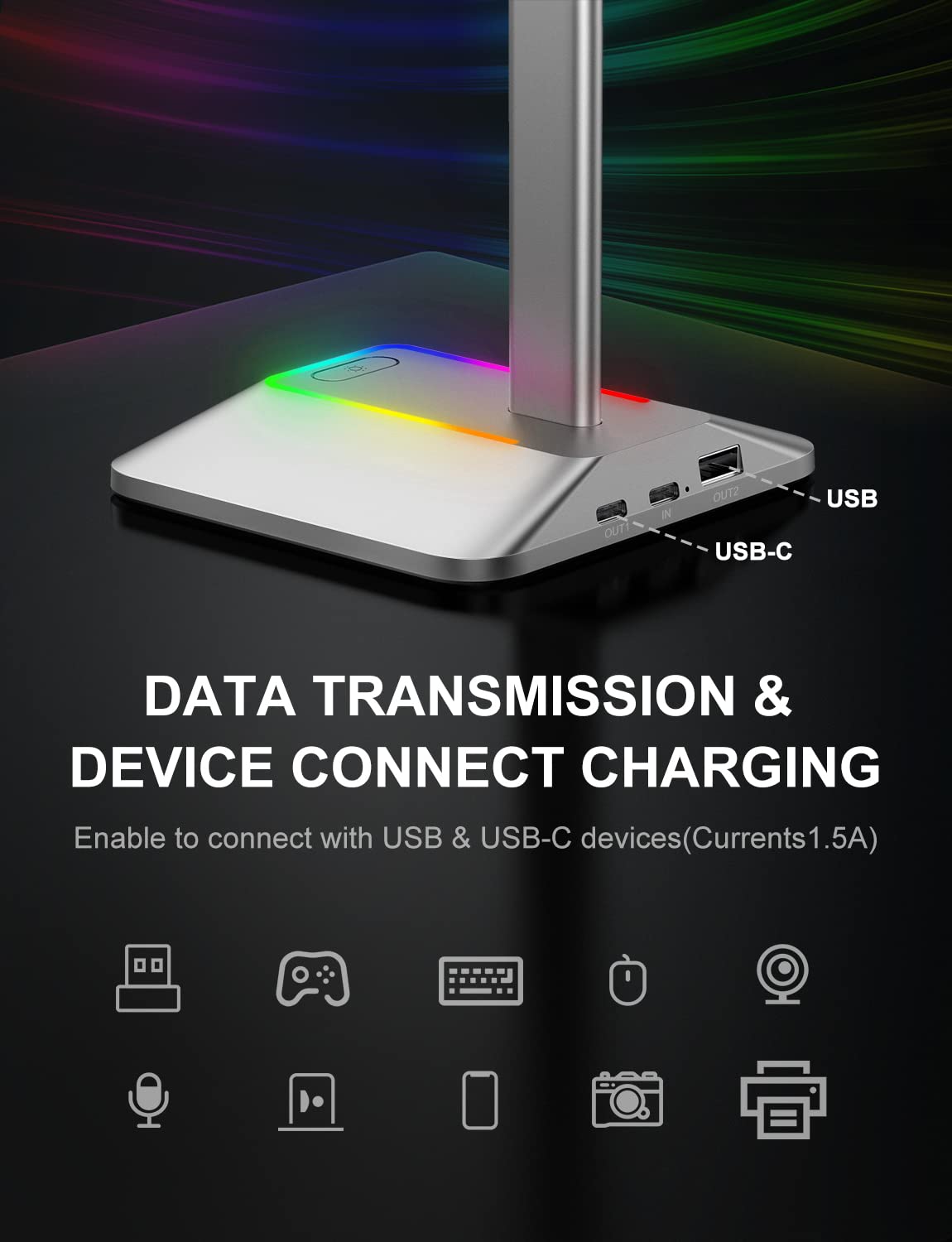 New Bee RGB Headphone Stand with 1 USB-C Charging Port and 1 USB Charging Port, Desk Gaming Headset Stand with 7 Light Modes and Non-Slip Rubber Base Suitable for All Earphone Accessories (Silver)