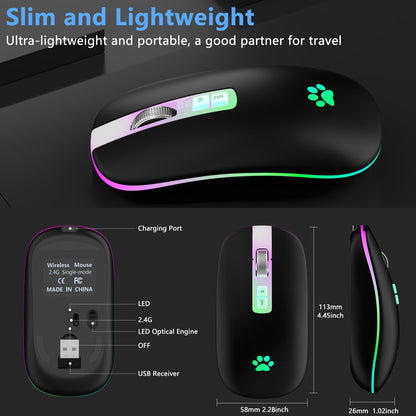 KARFUN Wireless Mouse, Backlit LED Portable Slim Computer Mouse for Laptop, PC, Computer, MacBook, iPad, Chromebook, Notebook, 2.4G Rechargeable Wireless Mouse (Black) (Black-Transparent Nose)