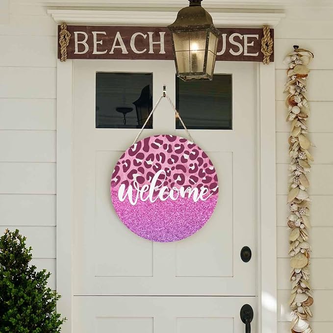 Welcome Sign Rustic Round Sign Front Door Wreaths Pink Leopard Print for Outdoor Indoor Wall Hanging Decorations 12x12in