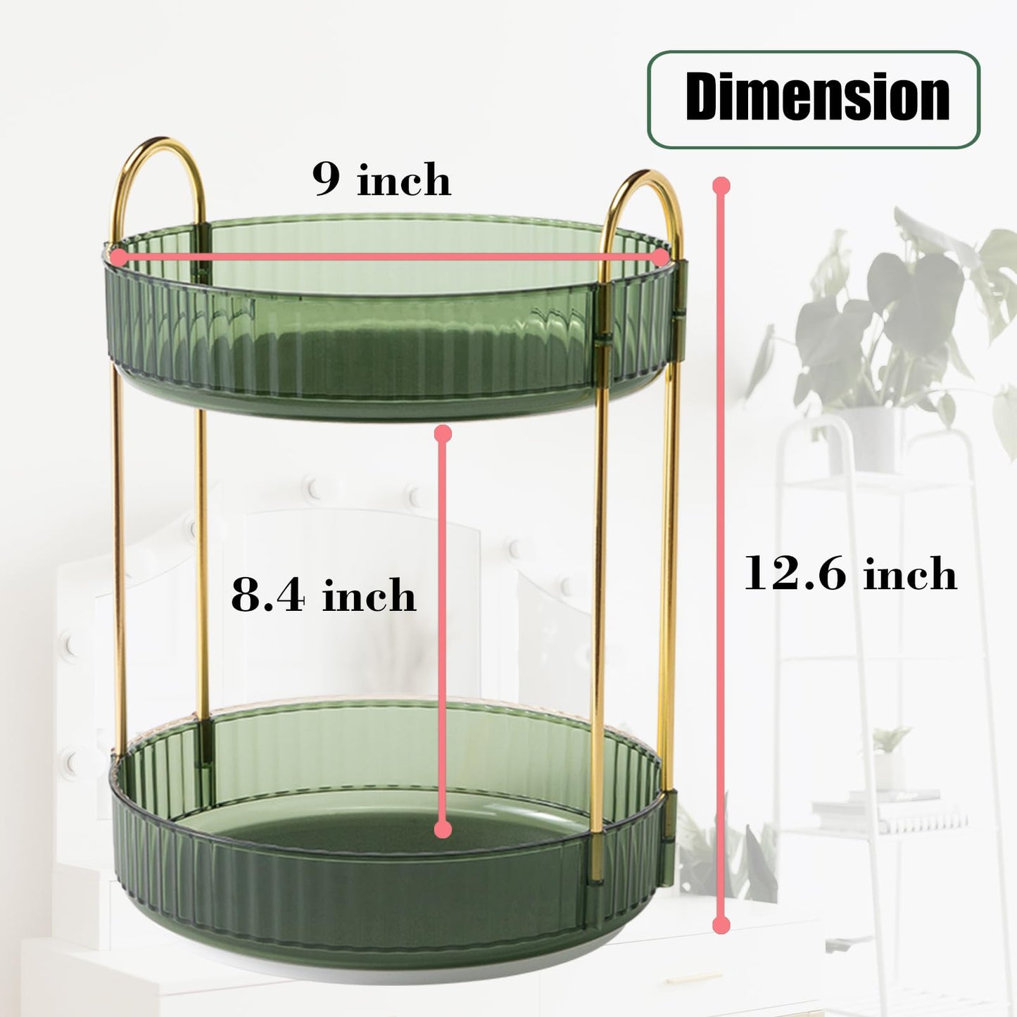 Zufudo Rotating Makeup Organizer Countertop 2 Tier Lazy Susan Trays Clear Skincare Perfume Storage for Bathroom Counter Vanity, Green Gold