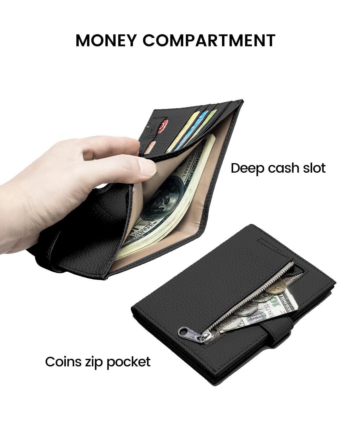 Karmiir RFID Slim Passport Holder for Man & Women, Compact Leather Passport Wallet with Card Holders SIM Slots, Zippered Coins Pocket and Cash Holder Travel Passport Cover Case, Black