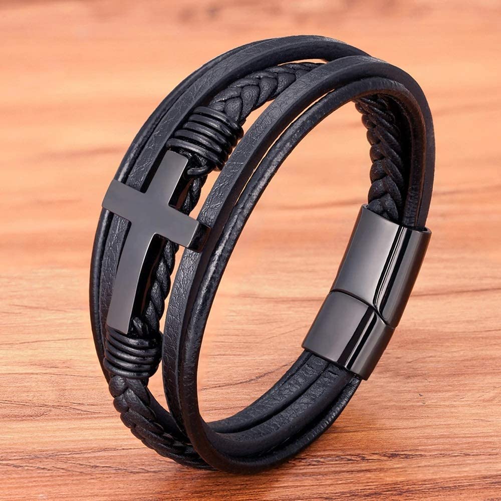 Binatric Multi-Layer Braided Leather Bracelets with Magnetic Clasp Mens Cuff Bracelets for Men Genuine Leather Bracelet Religious Leather Bracelets decorate Gift ((Black, 7.5 Inches))