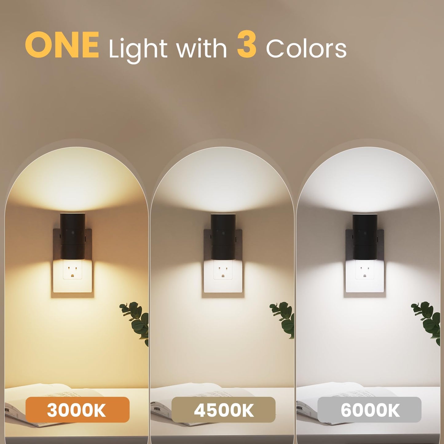 VOLISUN Night Lights Plug into Wall, Dimmable LED Nightlight with Dusk to Dawn Light Sensor, 0-100LM Adjustable Brightness, 3 Color Temperatures, Smaller Plug Black 2 Pack for Hallway,Bedroom,Bathroom