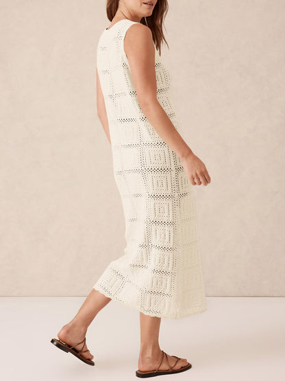 Fisoew Womens Crochet Sleeveless Dress V Neck Boho Cover Up Midi Tank Dress