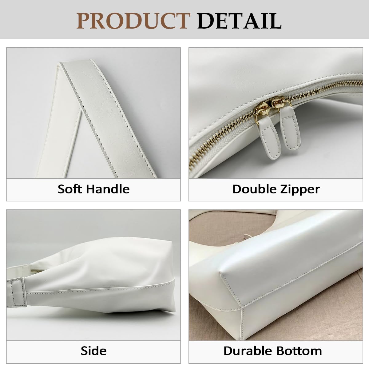 Small Shoulder Bag for Women Cute Hobo Purses Trendy Leather Tote Handbags Classic White Underarm Purse with Double Zipper