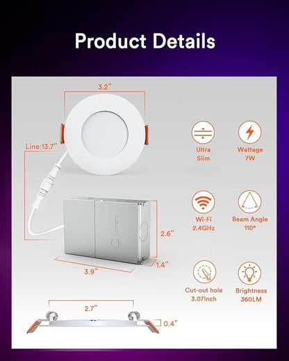 Lumary 3 Inch Smart Recessed Lighting WiFi Bluetooth Smart LED Recessed Lights 7W 350LM LED Wafer Downlight with Junction Box Compatible with Alexa/Google Assistant(1 Pack)