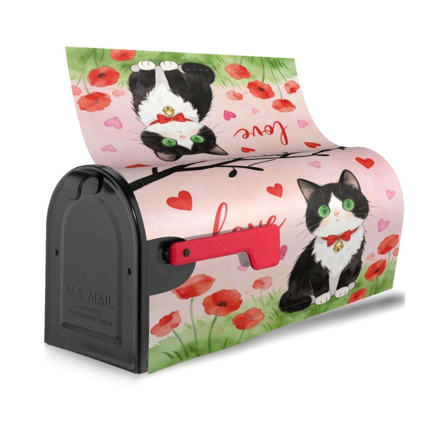 Love Cat Red Flowers Magnetic Mailbox Covers, Mail Wraps Garden Yard Home Decor for Outdoor Standard Size 21x18 in
