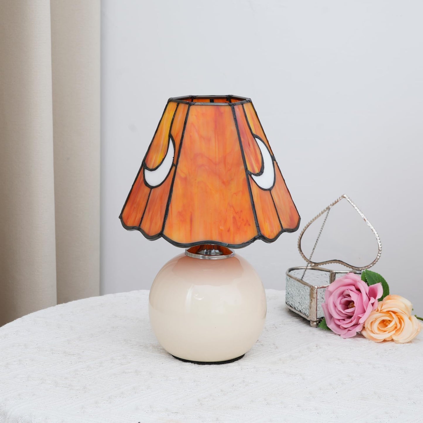 KIPHEPI Tiffany Style Bedside Table Lamp Stained Glass Moon Mushroom Lamp for Bedroom Small Nightstand Lamps for Home Decor Living Room Bedroom Study Nursery Dorm, Orange