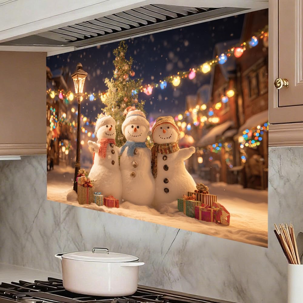 WDESYADMS 35.5x23.6 Inch Winter Snowman Wall Decals PVC Holiday Village Night Scene Peel and Stick Decorative Film for Home Cooking Area Backsplash Stovetop Space Seasonal Festive Style