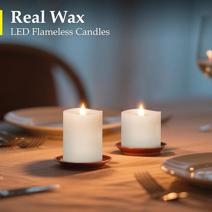 White Flameless Candles Set of 3 | 3 Diameter Realistic Flickering Pillars Candles (3/4/5 Heights) - Battery Operated with Remote Timer, Indoor/Outdoor Decor for Weddings, Fall & Cozy Home
