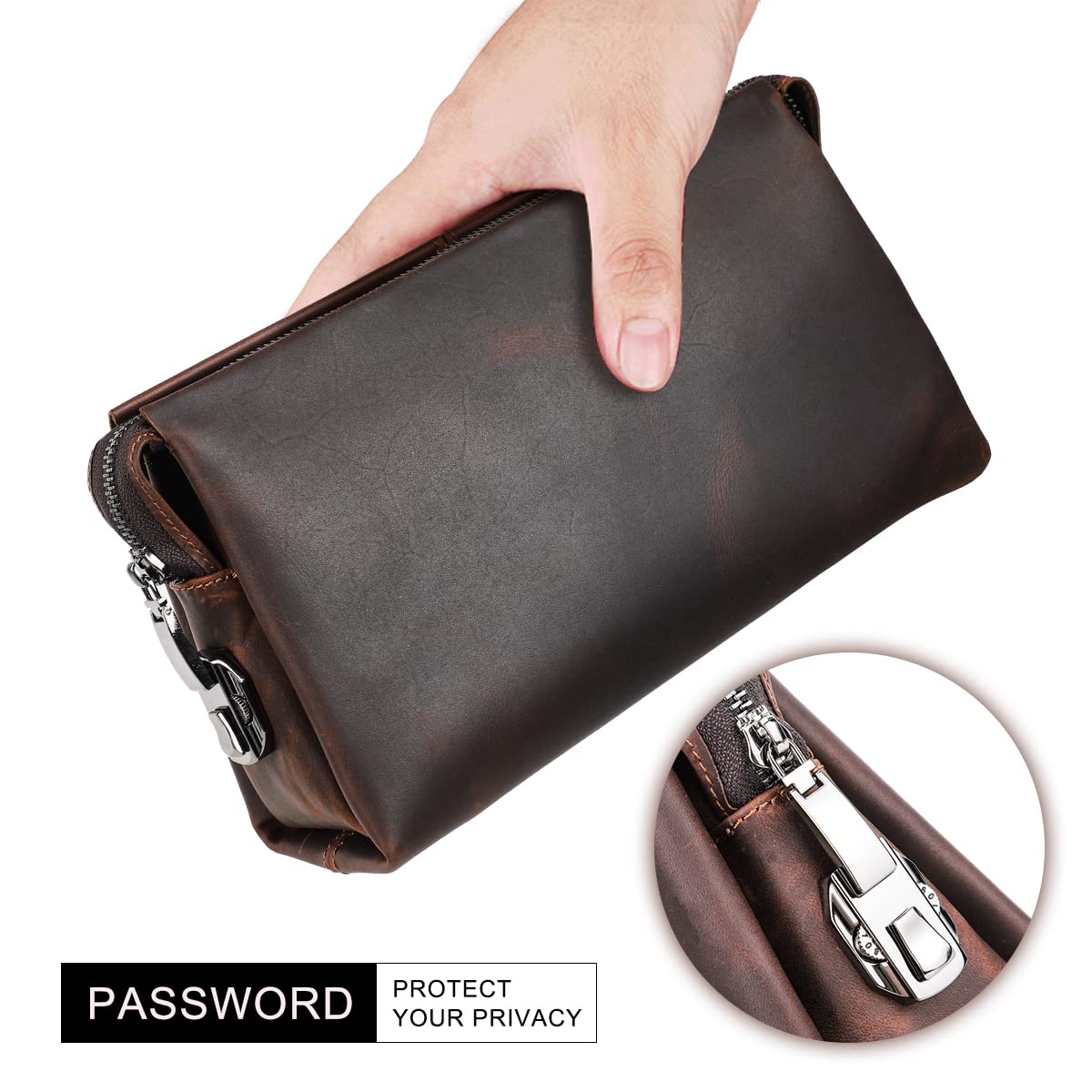 Leather Men Clutch Purse Bag, Mens Business Code Lock Wallet Anti Theft Clutch Purse Phone Holder Handbag Travel Bag