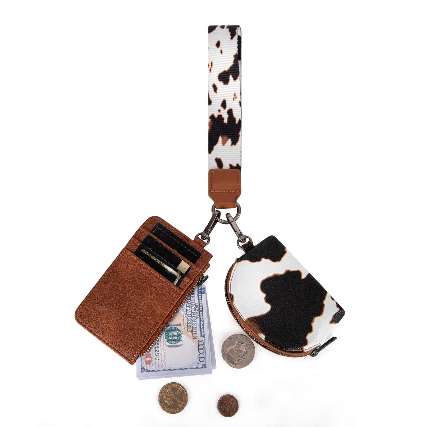 Montana West Wrangler Cow Print KeyChain Wristlet Wallets for Women Western Dual Pouch Wristlet Portable Credit Card Holder Wallet With Zipper