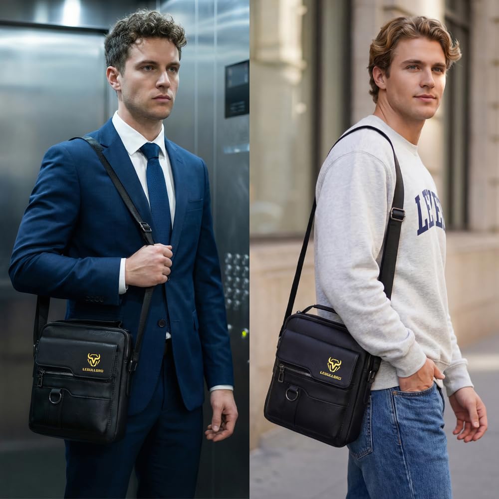 LEBULLBRO Shoulder Bag for Men Crossbody Bags Leather Sling Bag Messenger Bags with Multiple Pockets Business Outdoor