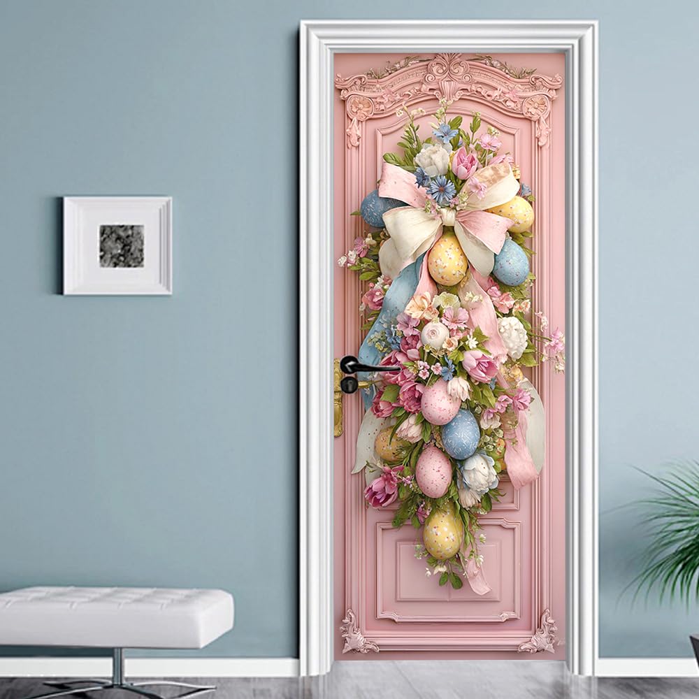WDESYADMS PVC Self Adhesive Door Sticker 30.3x78.7 Inch Easter Eggs and Floral Bow Design Peel and Stick Decorative Door Decal for Bedroom Living Room Entryway Spring Home Decor