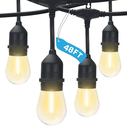 LUXRITE 48FT LED Outdoor String Lights Commercial Grade Waterproof, 24 Edison S14 Shatterproof Bulbs, Hanging Lights for Patio, IP65, Decorative Outside Lights for Backyard Garden Cafe Balcony