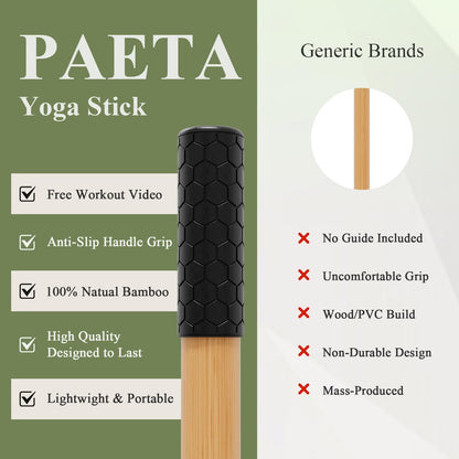 PAETA Yoga Stick for Stretching, 5ft Exercise Stick for Mobility & Flexibility, Bamboo Stretch Bar and Posture Pole with Non-Slip Grip - Includes Free Video Guide