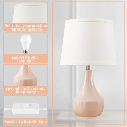 GyroVu Table Lamp Set of 2, 18.63” Ceramic Lamp Classic Beside Lamps Nightstand Lamp Modern Bedside Lamp for Living Room, Bedroom & Office Rocker Swtich Pink-LED Bulbs Included