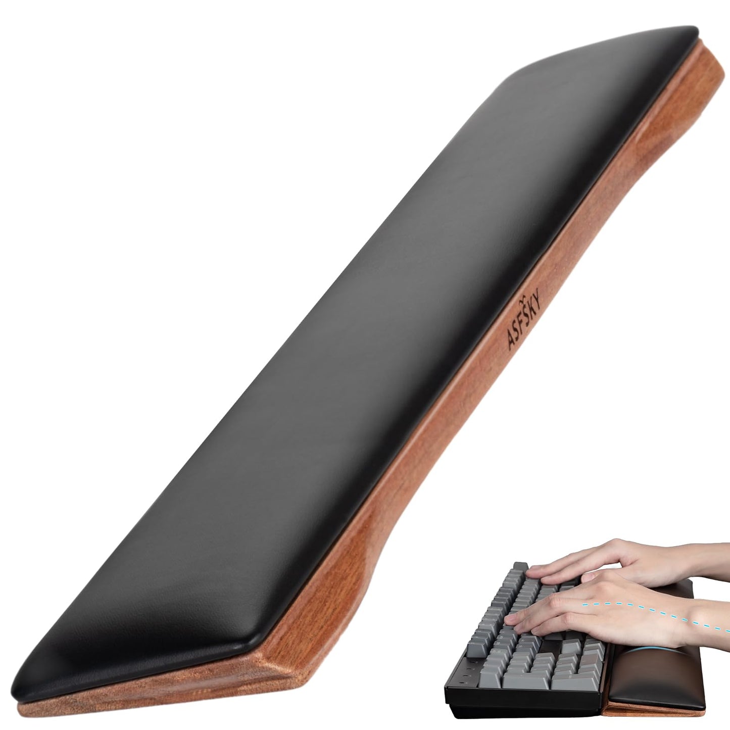 ASFSKY Keyboard Wrist Rest, Ergonomic Memory Foam Wrist Pad with PU Leather & Wooden Base, Non-Slip and Easy-to-Clean Design, Wrist Support for Mechanical Keyboard, Gaming & Office Use (Black)