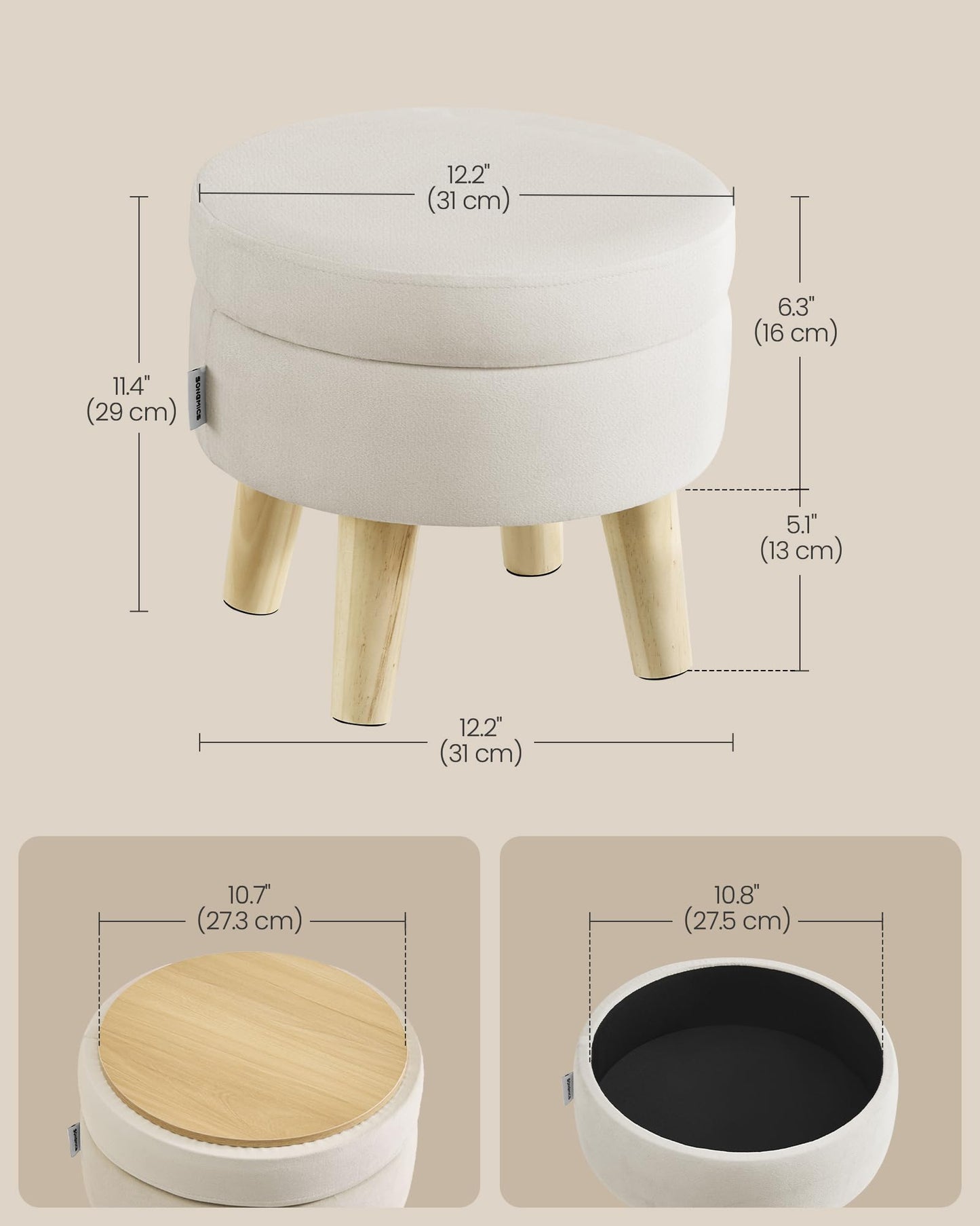 SONGMICS Storage Ottoman, Foot Stool, Round Ottoman with Padded Seat, Foot Rest with Wood Legs, Small Table, for Hallway, Living Room, 12.2 Inches, Velvet, Cream White ULOM513LH01
