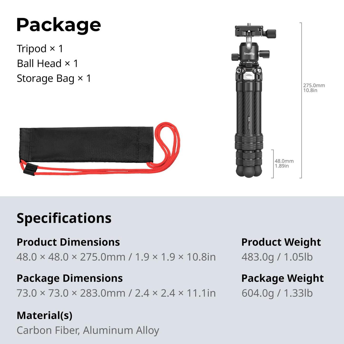 SmallRig Carbon Fiber Mini Desktop Tripod, 15.5'' / 39.5cm Compact Pocket Tabletop Tripod Kit with 360° Ball Head, Built-in QR Plate for Arca, Ball Head Capacity 3kg / 6.6lb for Cameras, DSLRs, Lenses