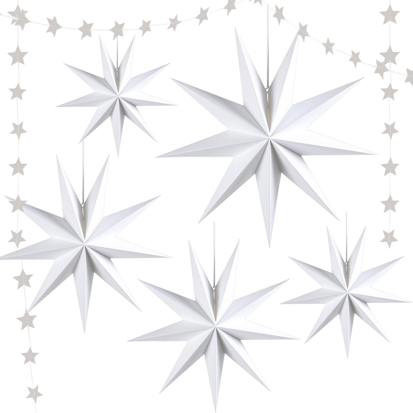 WNSIRVY 5 Pack 9-Pointed Large 3D Paper Star Lanterns White Hanging Lanterns with Star Garland Banner for Halloween Christmas Baby Shower Wedding Birthday Home Decorations