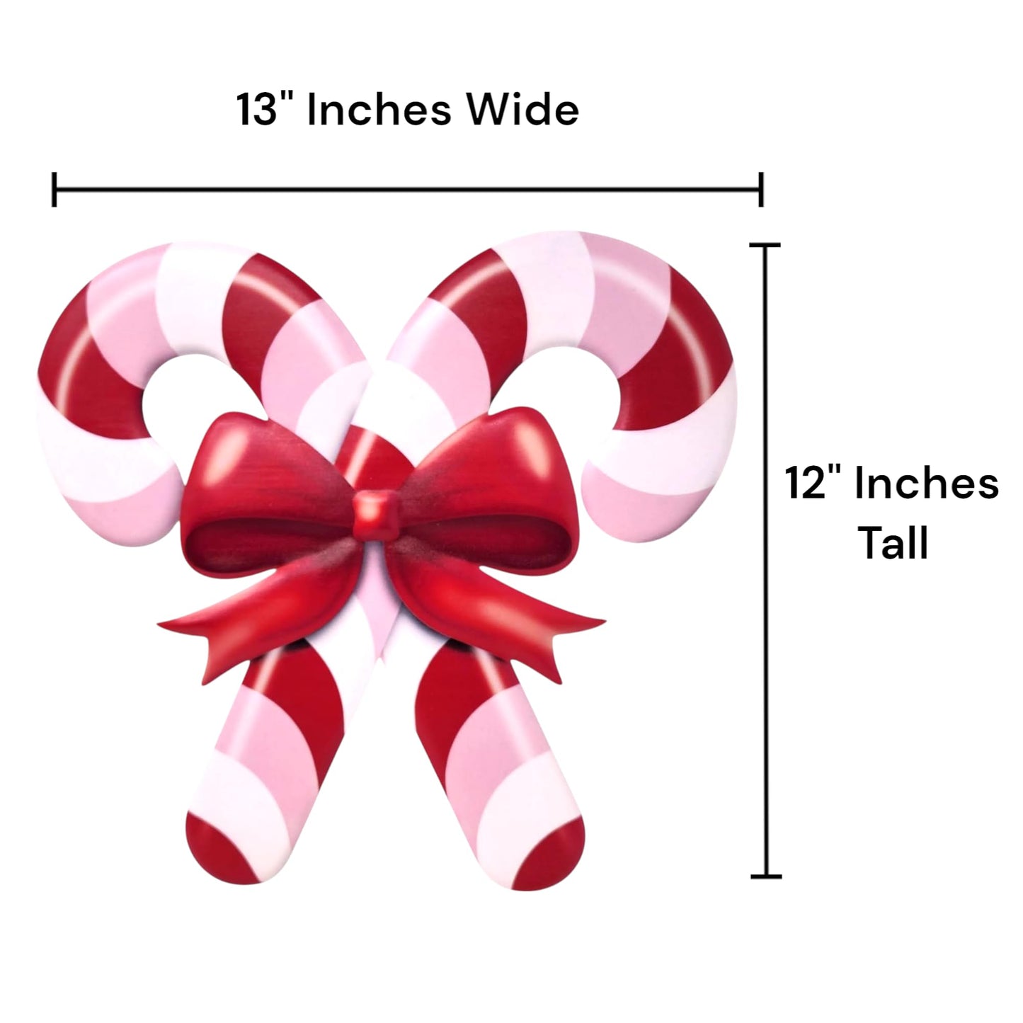 Embossed Metal Candy Cane Sign with Bow For Christmas Wreaths, Tree Toppers, Center Pieces, Floral Arrangements, Decorations, and Crafts (Light Pink, Red, White, 13" L x 12" H)
