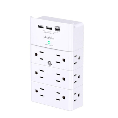Addtam Outlet Extender with 12 AC Outlets and 3 USB Ports (1 USB-C), White