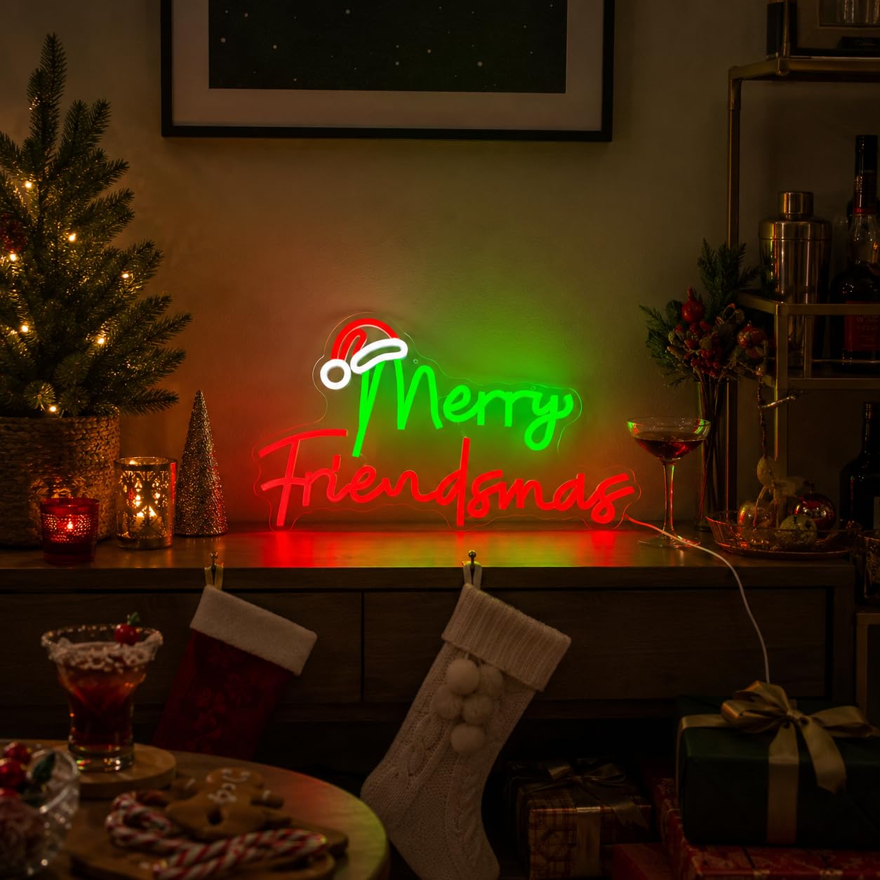FuugZze Christmas Neon Signs Merry Friendsmas Neon Lights Christmas Led Signs for Bedroom Wall Dimmable Merry Friendsmas Light Up Signs for Friends Party Decorations Party Gift