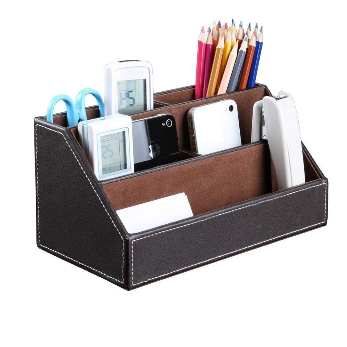 Bargain Crusader Brown PU Leather Remote Controller Holder TV Guide CD DVD Controller Organizer Desk Caddy Stationery Organizer Caddy Stationery Holder (L:9.45 x W:5.3 x H:4.3/1.6 inches, Brown)