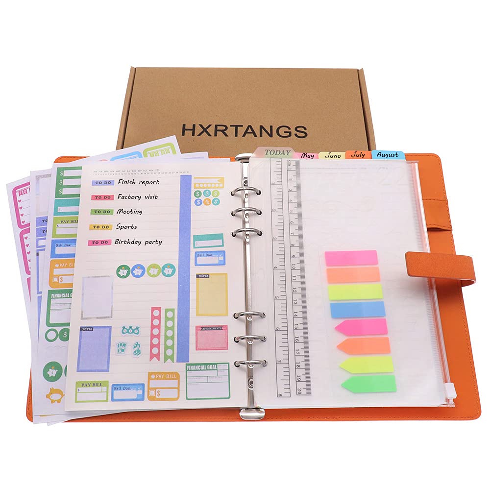 HXRTANGS A5 Refillable Notebook, Ring Binder Journal Personal Organizer with Lined Paper + Planner Stickers + Subject Dividers + Index Tabs + Bookmark Ruler + Zip Bag + Stencil, Navy Blue
