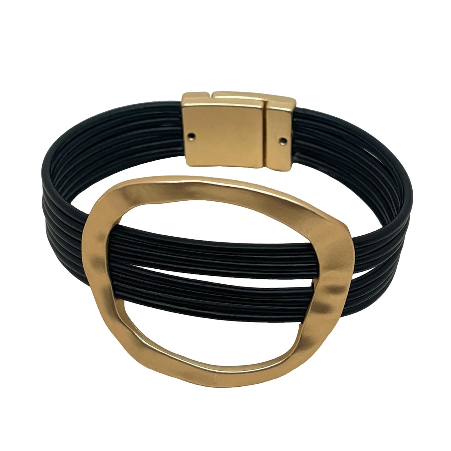 YYWANGART Gold and Black Leather Bracelet Large Disk Bangle Minimalist Multi Strand Leather Wrap Bracelet for Women