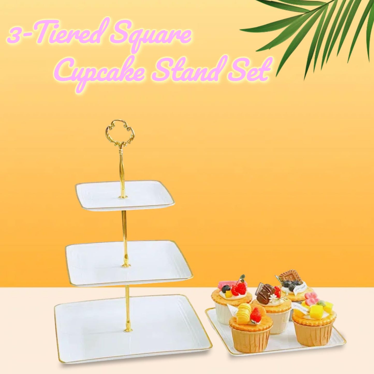 2 Pack RAUVOLFIA Plastic 3 Tier Cupcake Stand with Gold Rim, Plastic Tiered Serving Stand, Dessert Tower Tray for Tea Party, Baby Shower and Wedding, Square