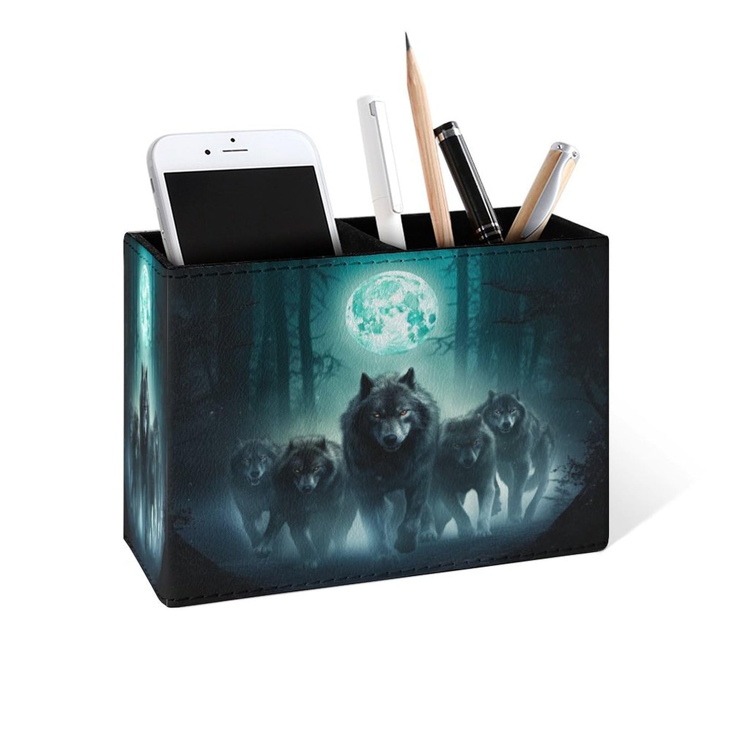 Famame Wolf Night Moon Pencil Holder for Desk, Leather Desktop Container Pen Cup Storage Study Table Pen Organizer Makeup Brush Holder for Classroom Office Home