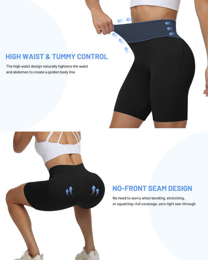 Moozava Womens 8" Gym Biker Shorts with PocketHigh Waisted Tummy Control Quick Dry Spandex Booty Shorts for Workout Athletic Yoga Running Black XS